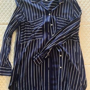 LOFT Dark Blue and White Striped Button-Down Shirt
